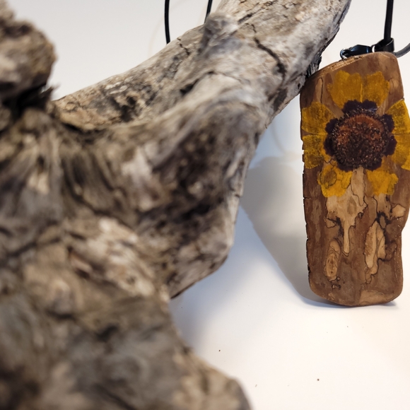 Wooden Sunflower Pendant Necklace - Picture 2 of 2